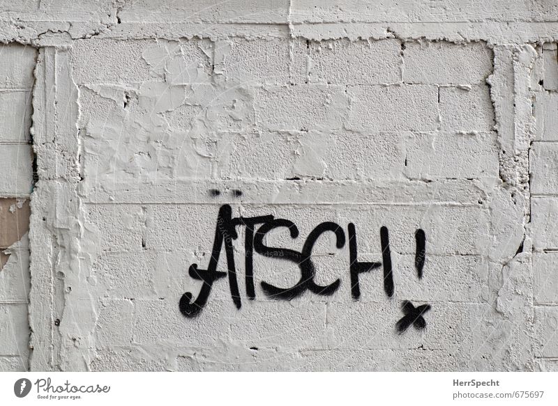 ÄTSCH! Menschenleer Bauwerk Gebäude Mauer Wand Stein Schriftzeichen Graffiti frech Stadt schwarz weiß Ätsch zynisch Spott Wanddekoration rau Backsteinwand