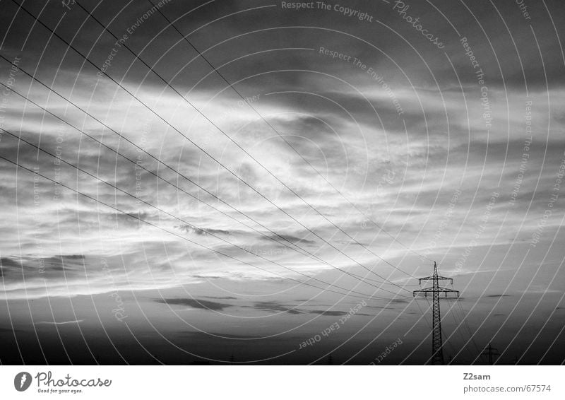 away in the nothing II Wolken Elektrizität Strommast Himmel Linie Abend Schwarzweißfoto Ferne lines sky clouds Wege & Pfade