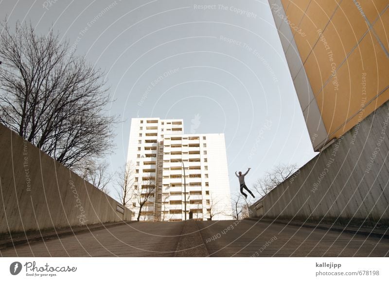 platte mit sprung Mensch maskulin Mann Erwachsene Körper 1 30-45 Jahre Haus Hochhaus Mauer Wand springen Baum Le Parkour Farbfoto Außenaufnahme Licht Schatten