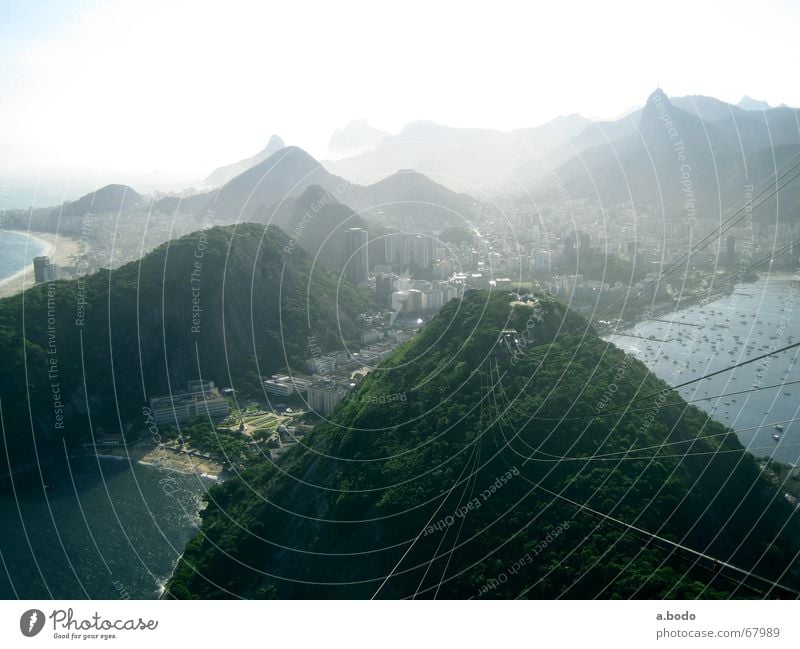 Auf dem "Zuckerbrot" angekommen Ipanema Corcovado-Botafogo Gegenlicht Sonnenlicht Vogelperspektive abwärts Felsen Felsküste Hafenstadt Bekanntheit weltberühmt