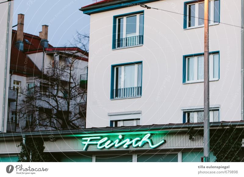 fleisch kaufen Haus Kabel Gebäude Fassade Fenster Schriftzeichen leuchten Kommunizieren Werbung Wort Leuchtreklame Neonlicht Neonlampe Metzger Mast Farbfoto