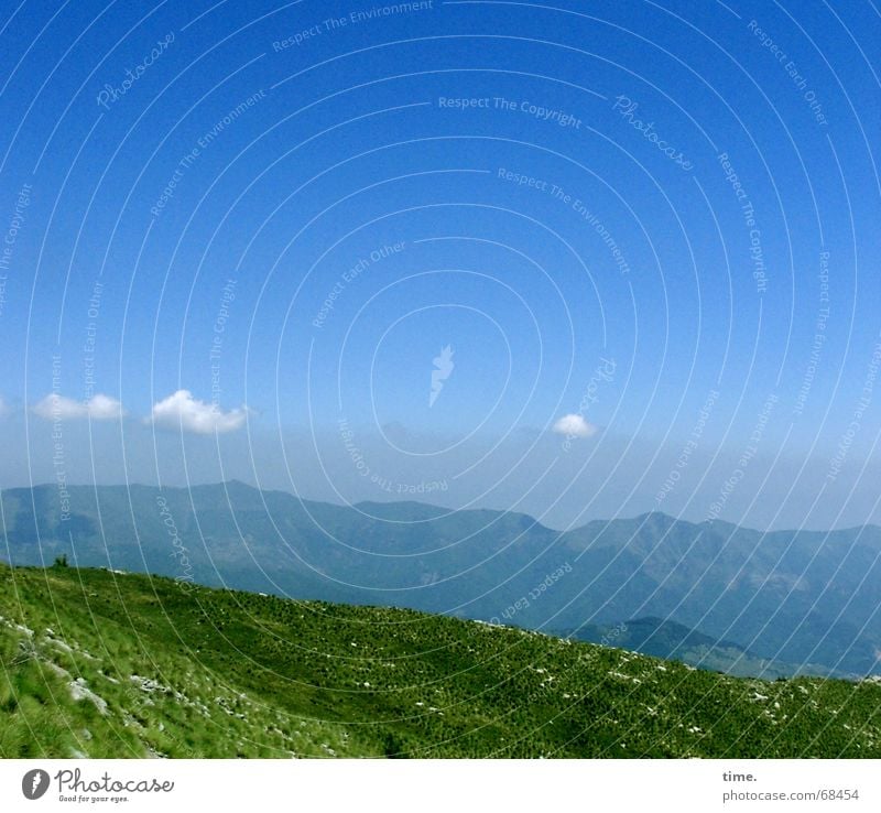 Schichttorte Ferne Berge u. Gebirge wandern Klettern Bergsteigen Pflanze Luft Himmel Wolken Horizont Wiese Bergwiese Gipfel Sehnsucht Fernweh Vergänglichkeit