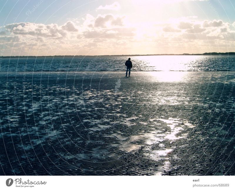 Friesenstille Mann Wattwandern Wolken Schönes Wetter Herbst September ruhig Meer Föhr Nordfriesland Spiegel Licht Horizont Ebbe Gezeiten