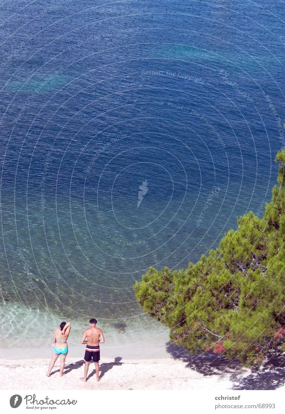 du zuerst Strand Meer Kroatien Bikini Badehose Mann Frau grün Wasser Mensch Paar blau paarweise