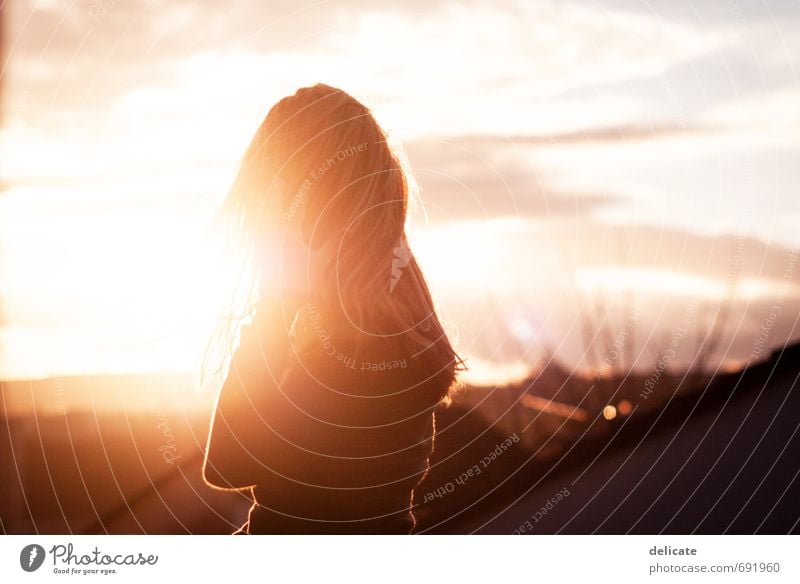 Head in the sundown feminin Junge Frau Jugendliche Kopf Haare & Frisuren Hand 1 Mensch 18-30 Jahre Erwachsene Himmel Wolken Sonne Gebäude Dach blond langhaarig