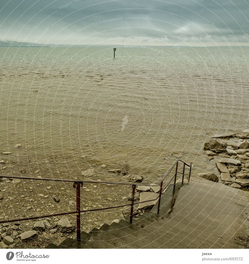 Baden Natur Wasser Himmel Wolken Klimawandel schlechtes Wetter See Bodensee Treppe Stein Schilder & Markierungen alt dunkel Unendlichkeit kalt blau braun