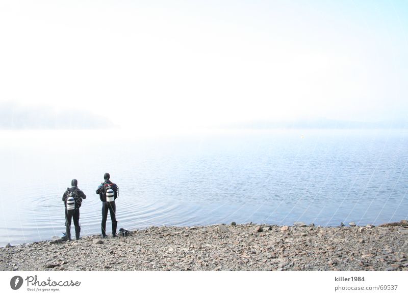 Allein am weiten weiten See Taucher Ederstausee Nebel tauchen Tauchgerät Freundschaft nass kalt Morgen Wolken Freiheit Landschaft Wasser Flüssigkeit Himmel