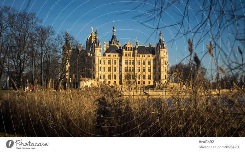 Schweriner Schloss Sonne Sonnenlicht Frühling Schönes Wetter Stadt Hauptstadt Stadtzentrum Burg oder Schloss Sehenswürdigkeit Denkmal alt reich Wärme blau gold