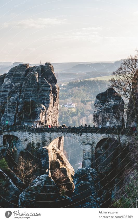 Bastei-Brücke Menschenmenge Natur Himmel Sonnenaufgang Sonnenuntergang Schönes Wetter Baum Felsen Berge u. Gebirge Sehenswürdigkeit beobachten entdecken