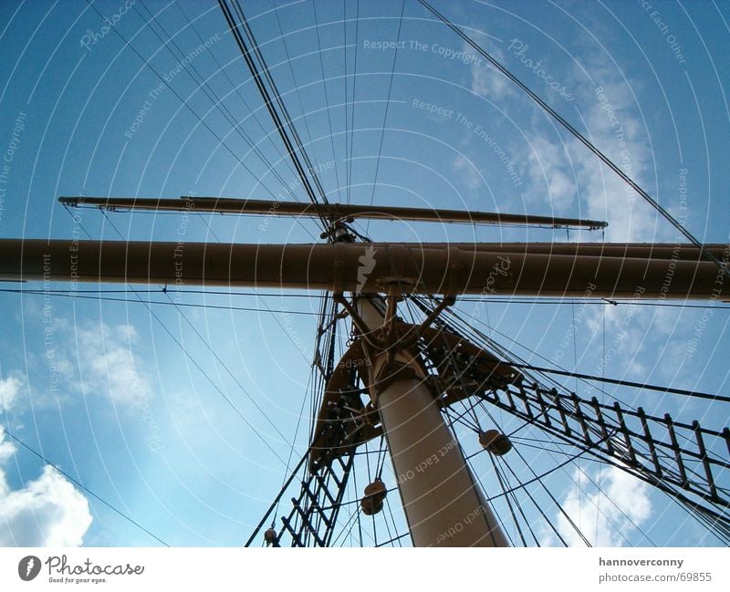 Mast Wasserfahrzeug Travemünde See Froschperspektive Segelschiff Erwartung Schifffahrt Wahrzeichen Denkmal Meer Strommast Netz passat Himmel Sonne