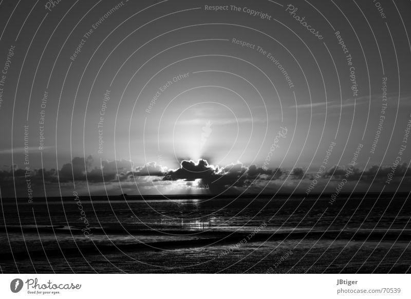 Himmelswunder Sonnenuntergang Meer Wolken Schwarzweißfoto Außenaufnahme Strand Unendlichkeit Licht Nacht dunkel Nordsee Sand Wasser Ferne Lichtstrahl