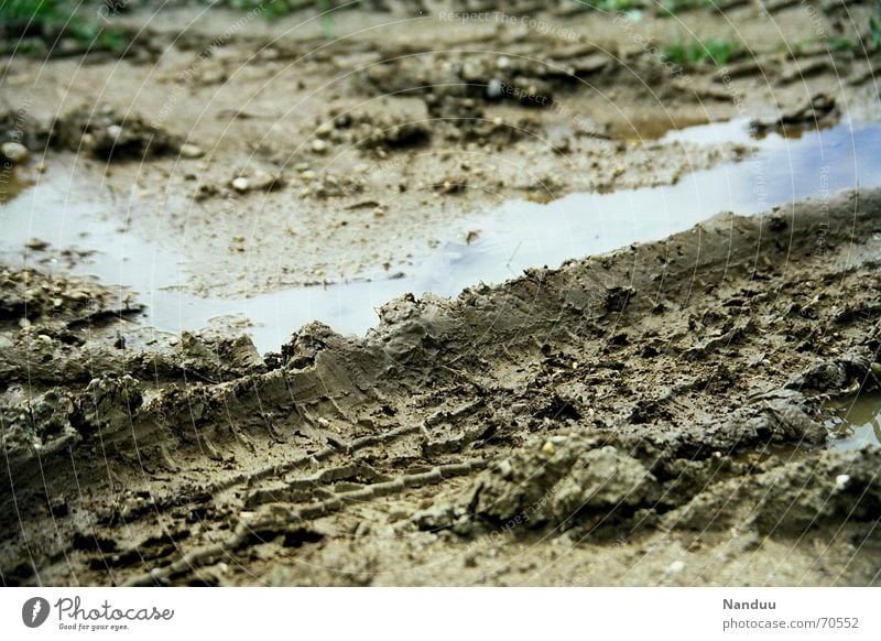 Sommer 2006 Erde schlechtes Wetter Regen dreckig nass braun Schlamm feucht Pfütze Spuren Englischer Garten München Düngung mud dirt dirty wet brown car outside