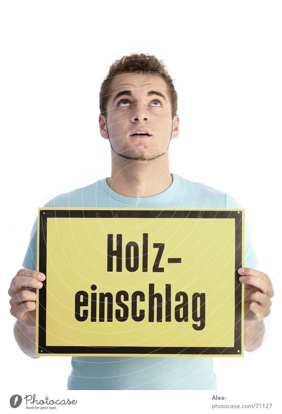 Der Zorn des Herren Holz Verkehrsschild Baustelle gefährlich Götter Wut böse Rache gelb Text Typographie Mann Kerl Werkstatt Angst ungewiss unsicher fallen Baum