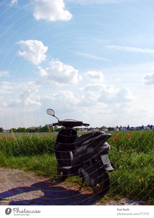 roller auf dem felde Fahrzeug Feld grün fahren Geschwindigkeit Helm Spiegel Wolken Panorama (Aussicht) Nummernschild kommen bequem Kilometer Tachometer