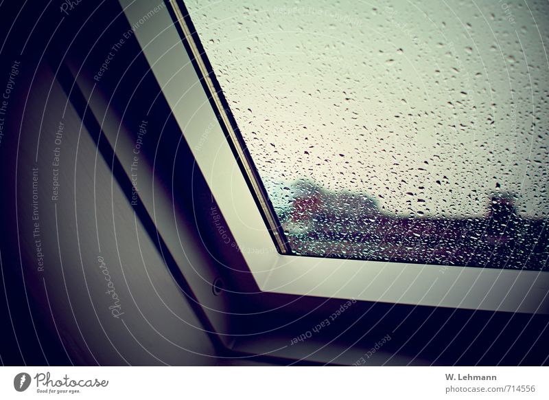 Fenster - Weiß - Tropfen Umwelt Wassertropfen Himmel Frühling schlechtes Wetter Regen Hilden Stadt Haus Klima Regenwasser Fensterscheibe Farbfoto Innenaufnahme