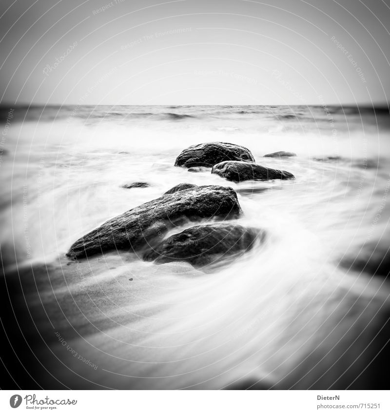 Steine Strand Meer Wellen Landschaft Sand Wasser Horizont Frühling Wind Sturm Ostsee grau schwarz weiß Gischt Schwarzweißfoto Außenaufnahme Textfreiraum oben