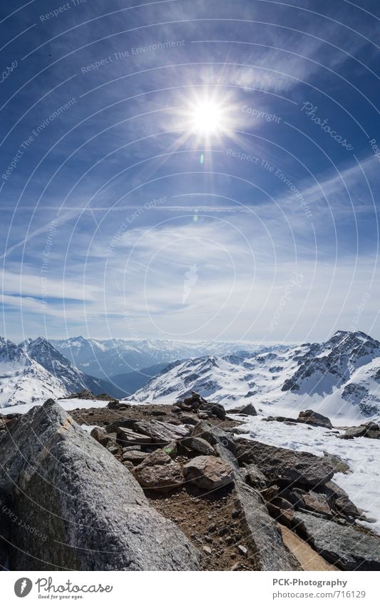 Bergausblicke Natur Landschaft Himmel Horizont Sonne Sonnenlicht Felsen Alpen Berge u. Gebirge Gipfel Schneebedeckte Gipfel Gletscher Abenteuer Einsamkeit