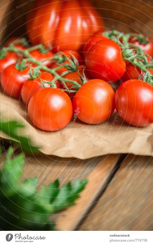 Tomaten frisch vom Markt Lebensmittel Gemüse Salat Salatbeilage Lifestyle Gesundheit vegetables wood Hintergrundbild market tomato food paper parsley fresh