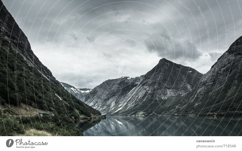 Düsteres Norwegen Natur Landschaft Wasser Himmel Wolken Sommer schlechtes Wetter Sträucher Hügel Felsen Gipfel Küste Fjord Nordsee See Europa Menschenleer