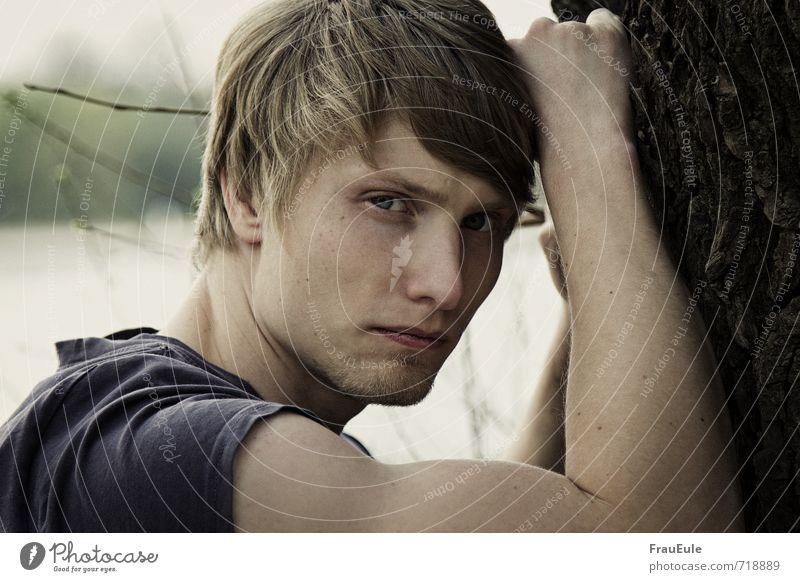 . maskulin Junger Mann Jugendliche 1 Mensch 18-30 Jahre Erwachsene Natur Baum T-Shirt blond kurzhaarig selbstbewußt Coolness Farbfoto Gedeckte Farben