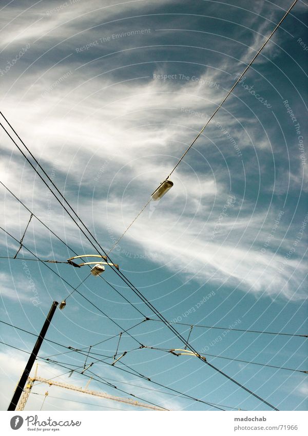 COME INTO MY ARMS | himmel wolken sky clouds stromleitungen Elektrizität Leitung Laterne Wolken Himmel Industrie Kraft Energiewirtschaft Kabel Strommast blau