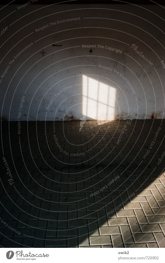 Kundenbereich Mauer Wand Fenster Bodenplatten Schatten Gitter dunkel eckig einfach trist Wartehäuschen Bushaltestelle Lichteinfall Farbfoto Gedeckte Farben