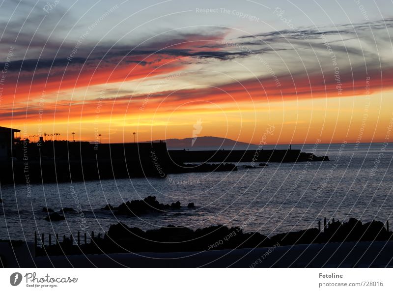 Küste von Puerto de la Cruz Urelemente Wasser Himmel Wolken Sonnenaufgang Sonnenuntergang Schönes Wetter Bucht Meer dunkel Wärme orange rot weiß Teneriffa