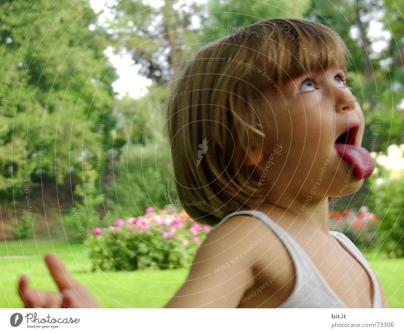 Lustiges, witziges, fröhliches, glückliches, ulkiges, blondes Mädchen draussen im Garten, schaut nach oben und streckt dabei die rote Zunge raus. Kleiner Spaßvogel macht Quatsch, Spaß mit verdrehten Augen in der Natur, im Park mit Blumen und Bäumen.