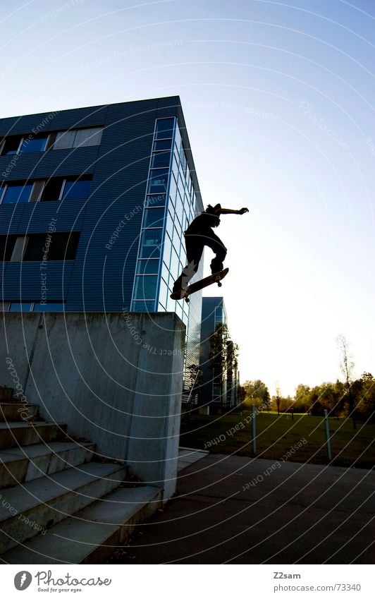 little man/big drop Skateboarding springen Stunt Trick Stil Lifestyle Mauer Sport Parkdeck street ollie Kind young high abwärts fliegen Treppe Funsport Air