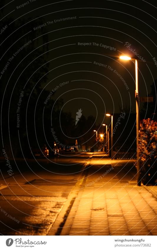 Asphaltgeschichte Laterne nass Nacht Licht Sträucher Bürgersteig Aluminium schwarz dunkel Langzeitbelichtung Straße Schatten Schilder & Markierungen Regen