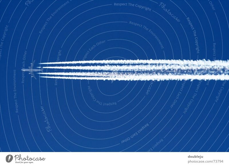 we flying high Flugzeug Triebwerke Kondensstreifen Ferne Himmel Niveau blau Schönes Wetter