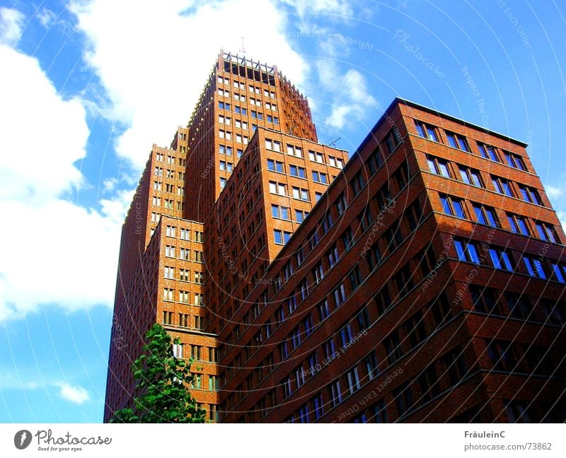 Über den Wolken Haus Hochhaus Gebäude Licht braun weiß blau-weiß Baum Sony Center Berlin Macht groß Fenster Arbeit & Erwerbstätigkeit Arbeitsplatz