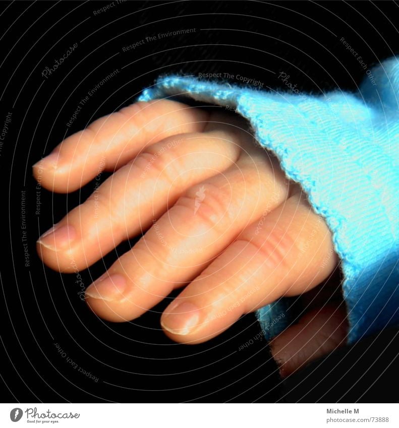 Finger-Model Hand Baby zart klein niedlich süß Kleinkind vergrößert Vertrauen Makroaufnahme Nahaufnahme blau Glätte Babyhaut Babyglück Glück Detailaufnahme