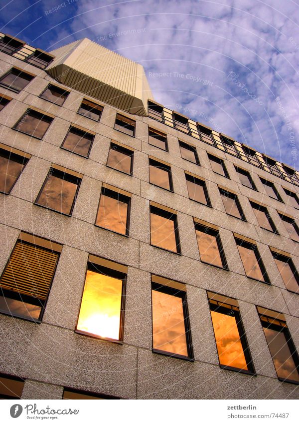 Wahre Glanzkraft Haus Fassade Froschperspektive Fenster Reflexion & Spiegelung gelb Wolken Fälschung stürzende linien getönte scheiben Sonne gold Himmel