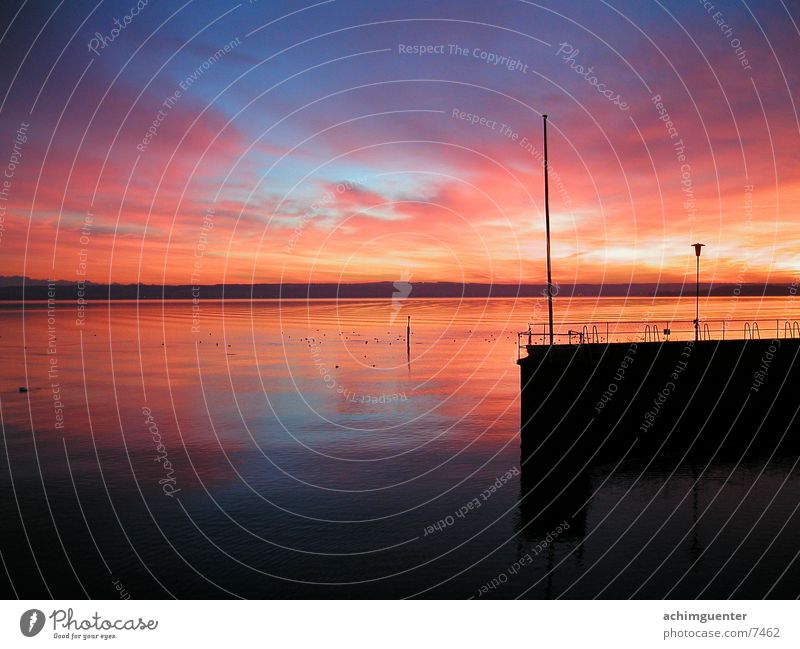 Abendrot See Horizont Romantik ruhig Steg Abenddämmerung Wasser Bodensee Himmel Küste Hafen