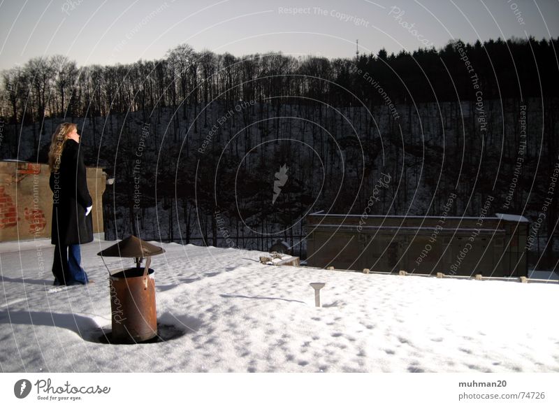 Warten auf Dunkelheit blond Ringethal Wald Mantel Dach Fabrik Backstein Schornstein winter schnee