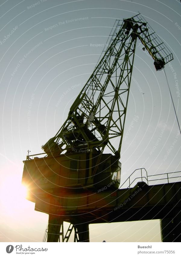 Kranosaurus Sonnenuntergang Gegenlicht Abenddämmerung stilllegen veraltet Hafen Industriefotografie