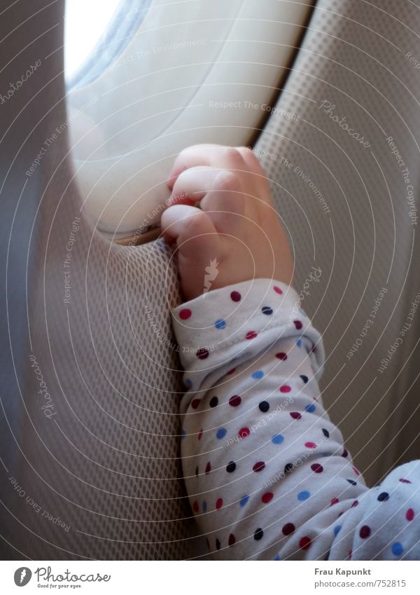 Erstflug. Ferien & Urlaub & Reisen Luftverkehr Mensch Baby Kleinkind Arme Hand Finger 0-12 Monate Passagierflugzeug im Flugzeug Flugzeugfenster berühren