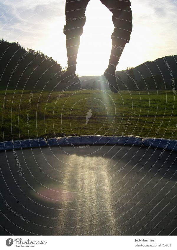 Abflug springen hüpfen Trampolin Unterleib Hose Strümpfe Schwarzwald Wald Wiese Abendsonne Athlet Leben abgehoben Beginn Abheben sprungtuch Beine Fuß Sonne