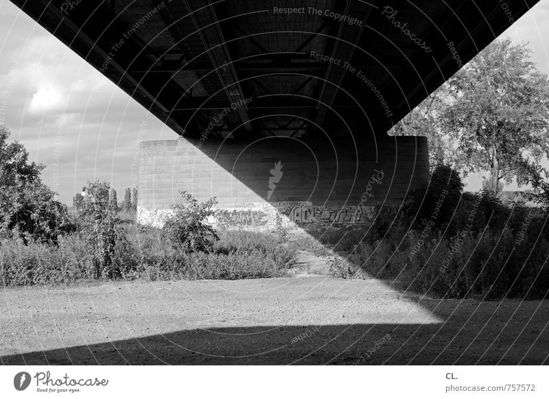 graue flächen Umwelt Natur Landschaft Himmel Baum Sträucher Brücke Bauwerk Architektur Mauer Wand Verkehr Verkehrswege Graffiti dunkel eckig trist Stadt