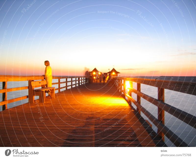 Abends am Pier Anlegestelle Holz Meer Frau Denken Abenddämmerung Romantik Steg Erholung ruhig Zufriedenheit Außenaufnahme Langzeitbelichtung Himmel Klarheit