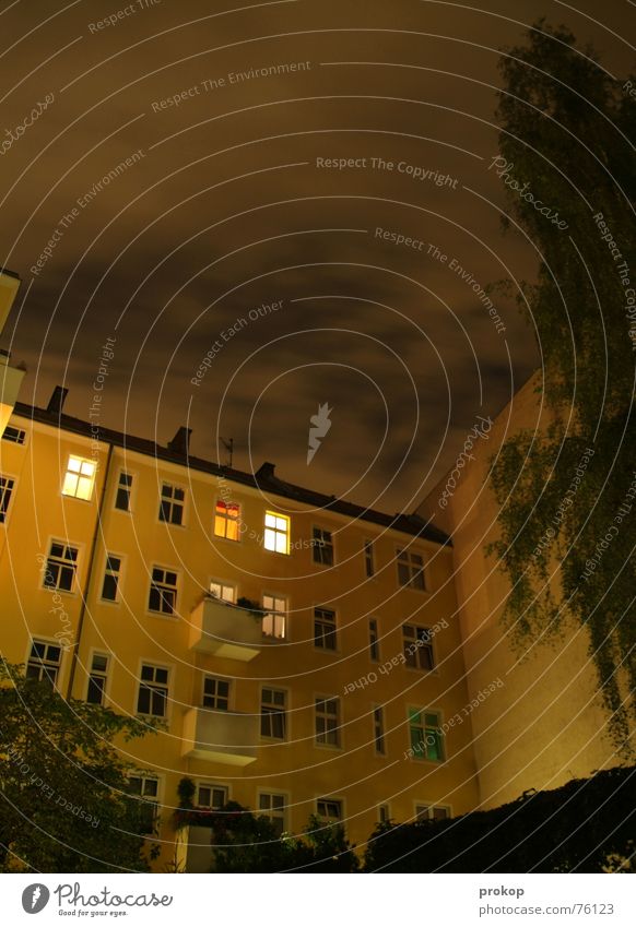 Nächtliche Rennwolken Haus Fenster Nacht Licht Hinterhof Baum dunkel gelb Geschwindigkeit Vergänglichkeit Himmel Mond Rasen hospital des horrors window night