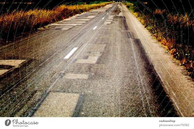 patchwork safari Asphalt Patchwork eckig Camargue Frankreich Verkehrswege road Straße tarmac stückwerk repair road trip Ausflug squares white lines france