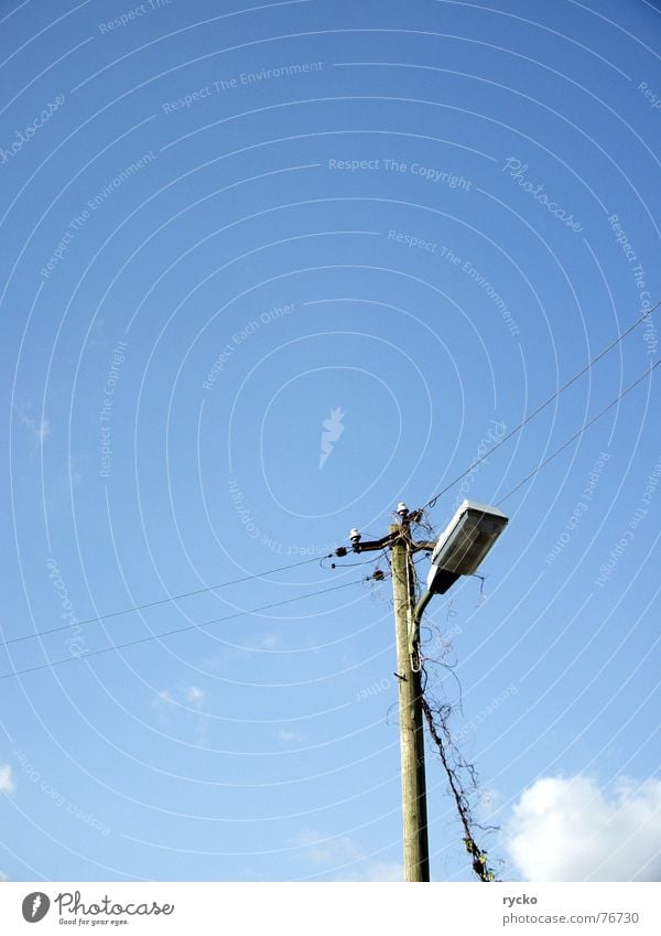 die erleuchtung ist nah..... Lampe Wolken Pflanze Himmel blau nicht grün Leitung Verbindung Schönes Wetter porzelan Kabel Strommast