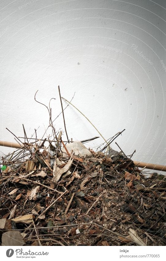 wenn man es zusammenschiebt, wirds auch nicht schöner Gartenarbeit Ast Stock Müll Müllentsorgung Holz Haufen dreckig viele braun weiß Ordnungsliebe Reinlichkeit