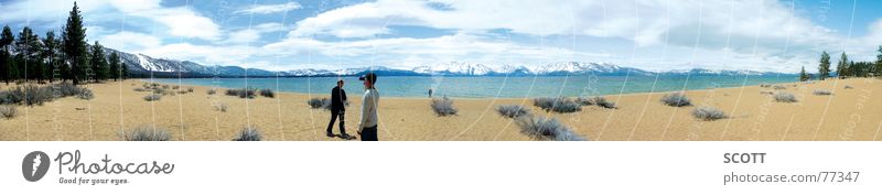 Panorama South Lake Tahoe See kalt Sträucher Panorama (Aussicht) Wolken Tanne Strand Kalifornien Nevada Berge u. Gebirge Wasser Sand Sonne USA groß