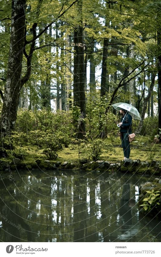 teich Mensch feminin Junge Frau Jugendliche Erwachsene schlechtes Wetter Unwetter Regen Garten Park Wald nass Reflexion & Spiegelung Regenschirm Teich weiß