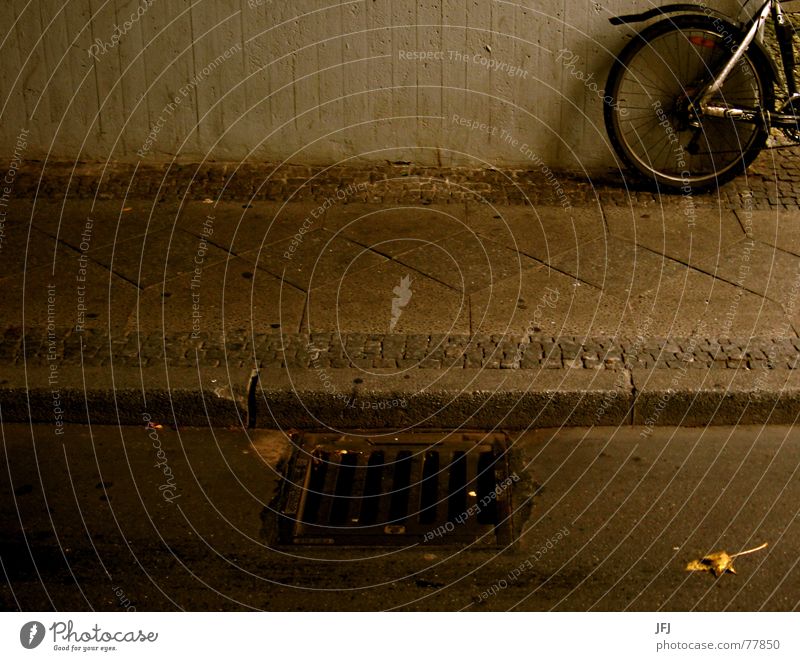 Bürgersteig Herbst Fahrrad Gully Bordsteinkante Rad Schutzblech Blatt Stadt Beton trist gehweh Sepia