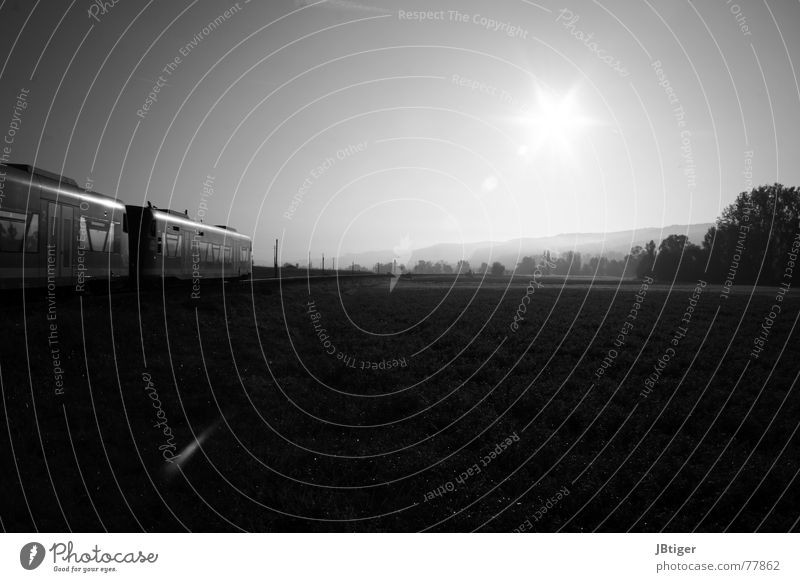 Lautlos Eisenbahn Zugabteil Feld Wiese Morgen Schwarzweißfoto Baum Nebel frisch ruhig Ammertal Sonne Seil Landschaft