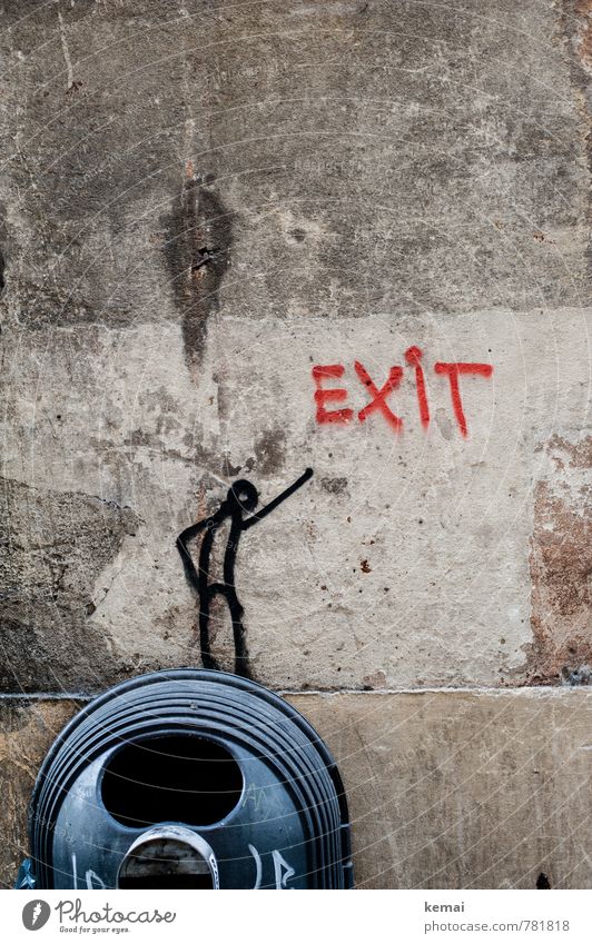 Exit Kunst Subkultur Mauer Wand Müllbehälter Zeichen Schriftzeichen Graffiti außergewöhnlich rund verrückt rot schwarz Strichmännchen Ausgang Öffnung Loch